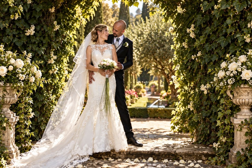 Pareja de novios en los jardines de una masía en Barcelona